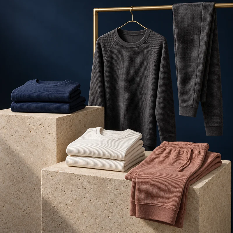 Activewear campaign showing thermal base layers, folded performance tops and lounge pants