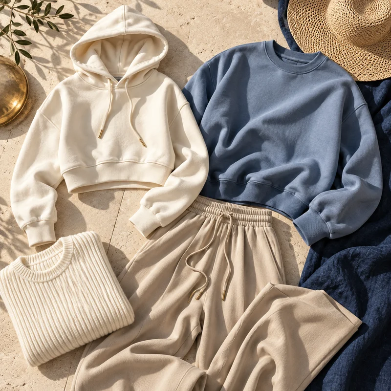 Women’s clothing campaign featuring a cropped hoodie, crewneck sweatshirt, lounge trousers and sun hat